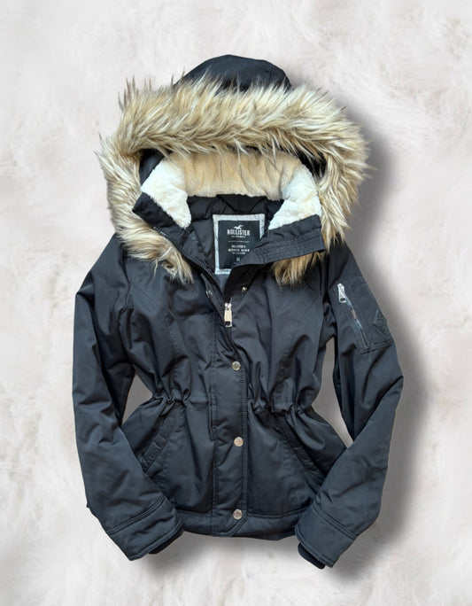 Hollister Black Down Collection Faux Fur Hooded Trim Winter Parka Jacket