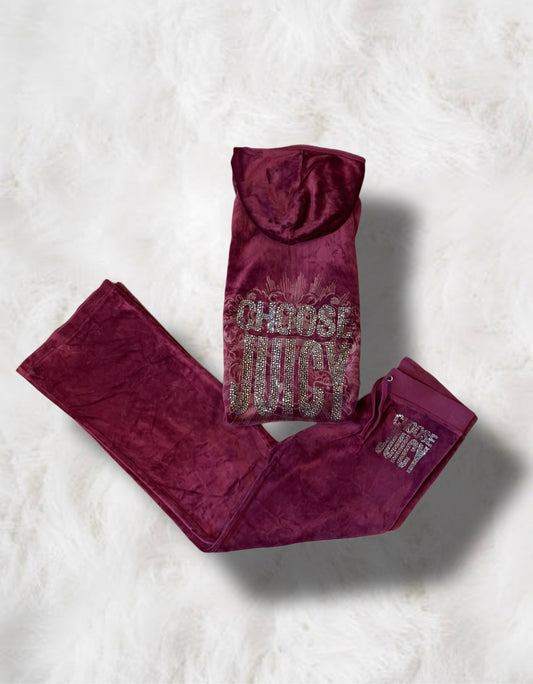 Juicy Couture Burgundy Velour ‘Choose Juicy’ Bedazzled 2 Piece Tracksuit