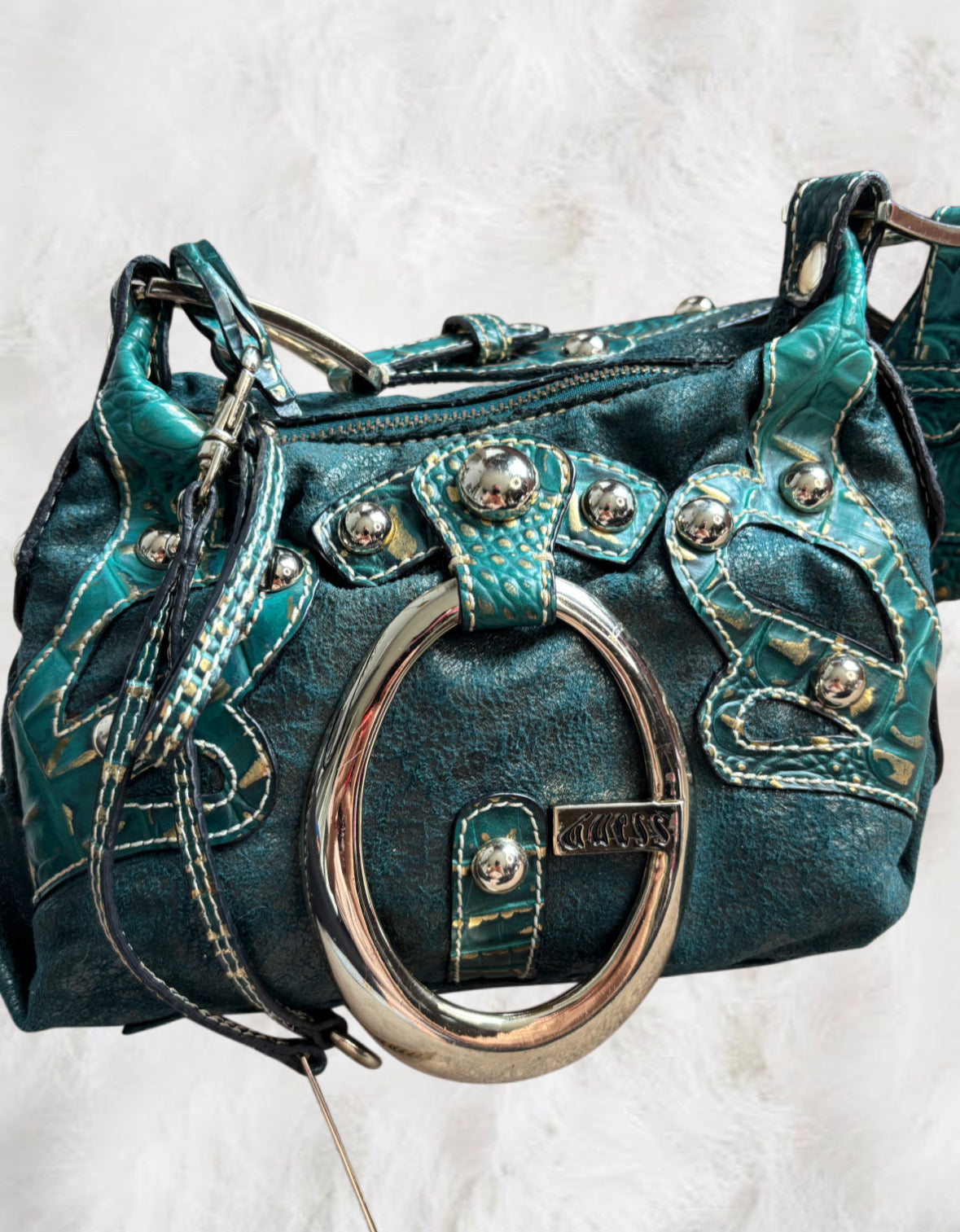 Guess Rare Green & Gold Leather Shoulder Bag