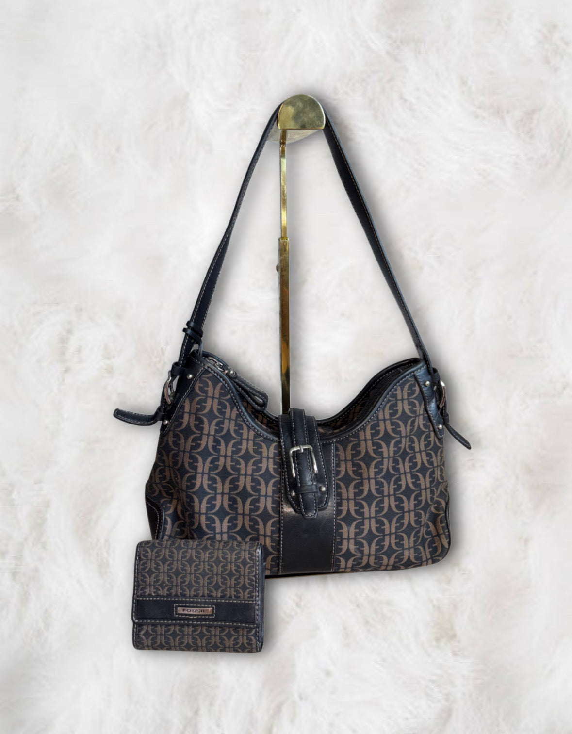 Fossil HOBO Signature Logo Monogram Black Canvas & Leather Shoulder Bag & Matching Wallet