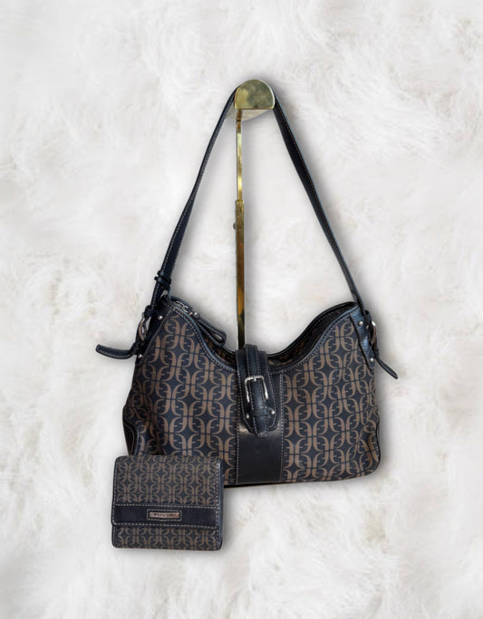 Fossil HOBO Signature Logo Monogram Black Canvas & Leather Shoulder Bag & Matching Wallet