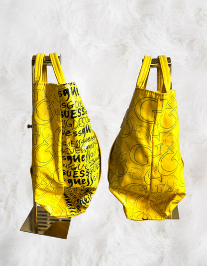 Guess Sunshine Yellow Graffiti Print Structured Tote Bag
