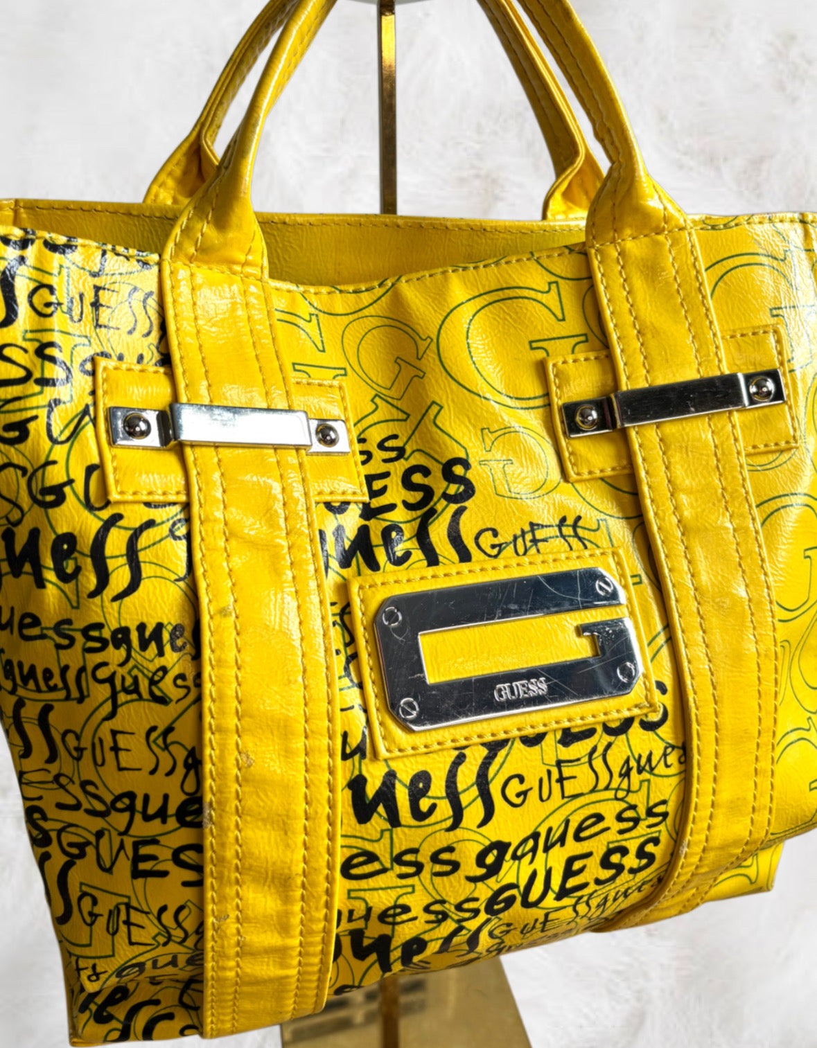 Guess Sunshine Yellow Graffiti Print Structured Tote Bag