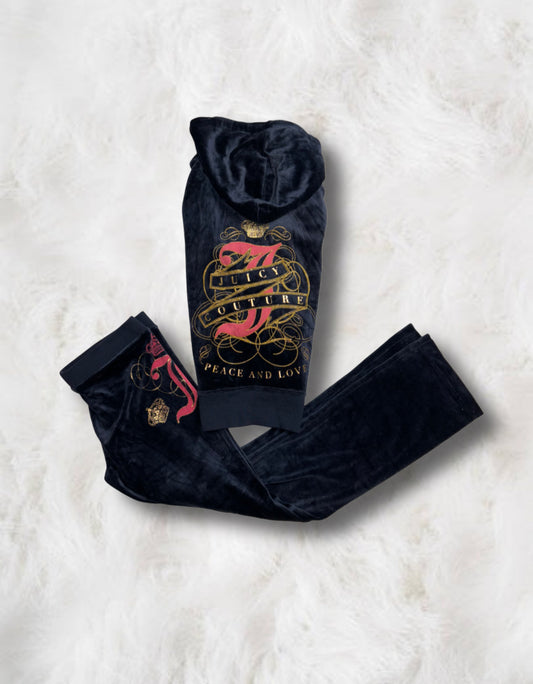 Juicy Couture Navy Velour “Peace & Love” 2 Piece Tracksuit