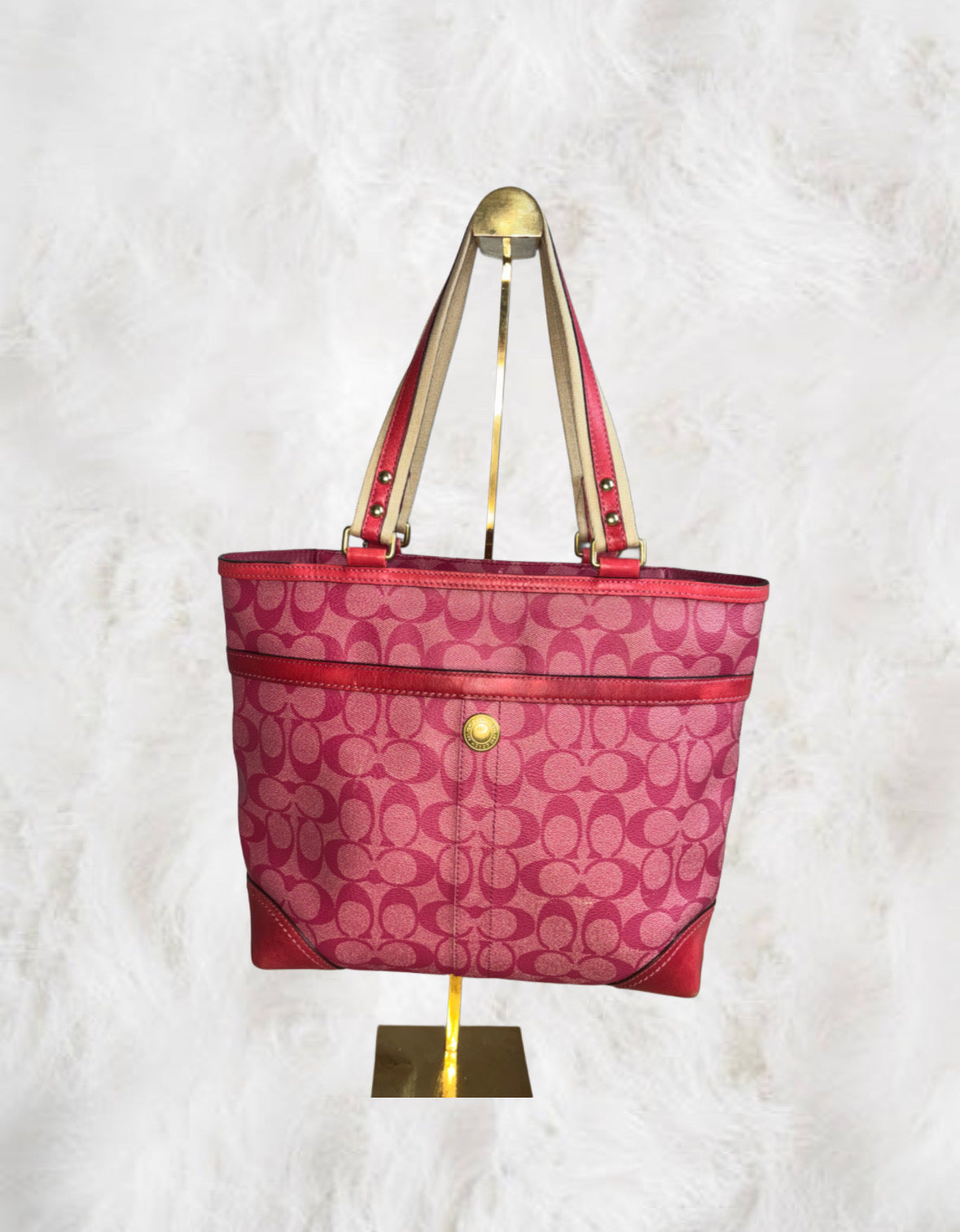 Coach Signature Heritage Stripe Hot Pink Leather Tote