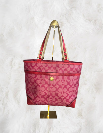 Coach Signature Heritage Stripe Hot Pink Leather Tote