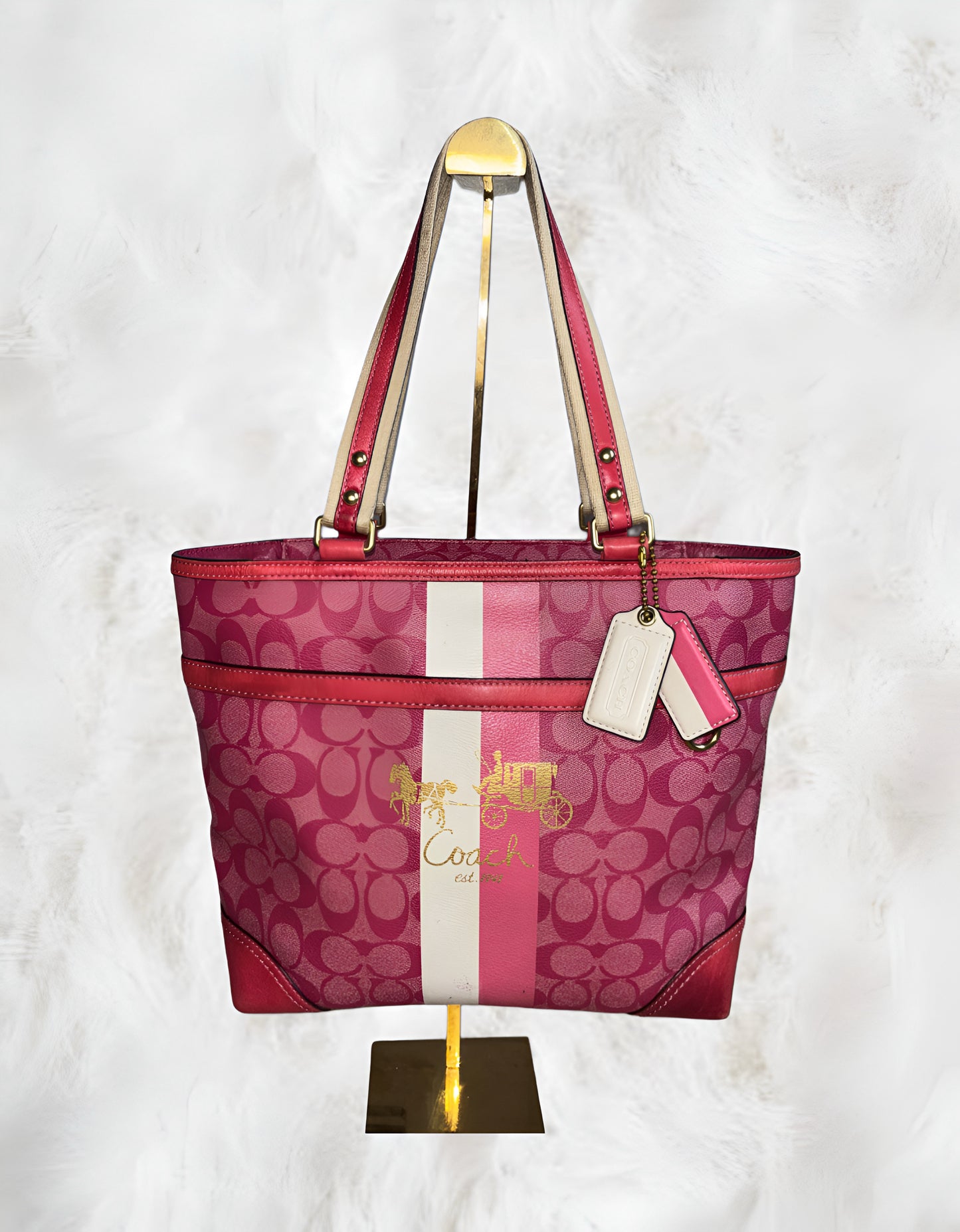 Coach Signature Heritage Stripe Hot Pink Leather Tote
