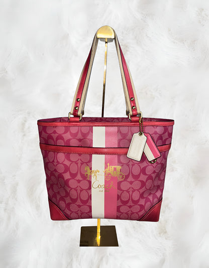Coach Signature Heritage Stripe Hot Pink Leather Tote
