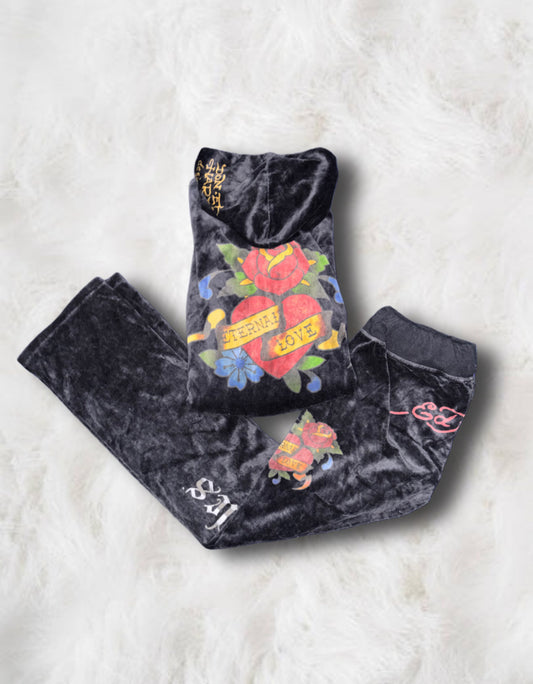 Ed Hardy x Los Angeles Black Velour Vintage Tracksuit