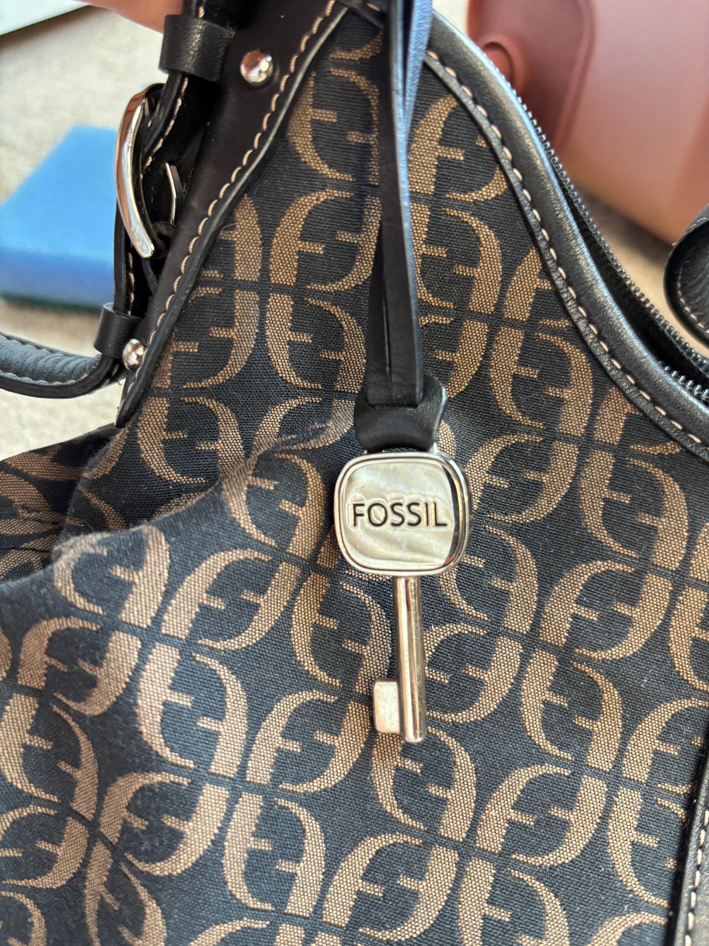 Fossil HOBO Signature Logo Monogram Black Canvas & Leather Shoulder Bag & Matching Wallet