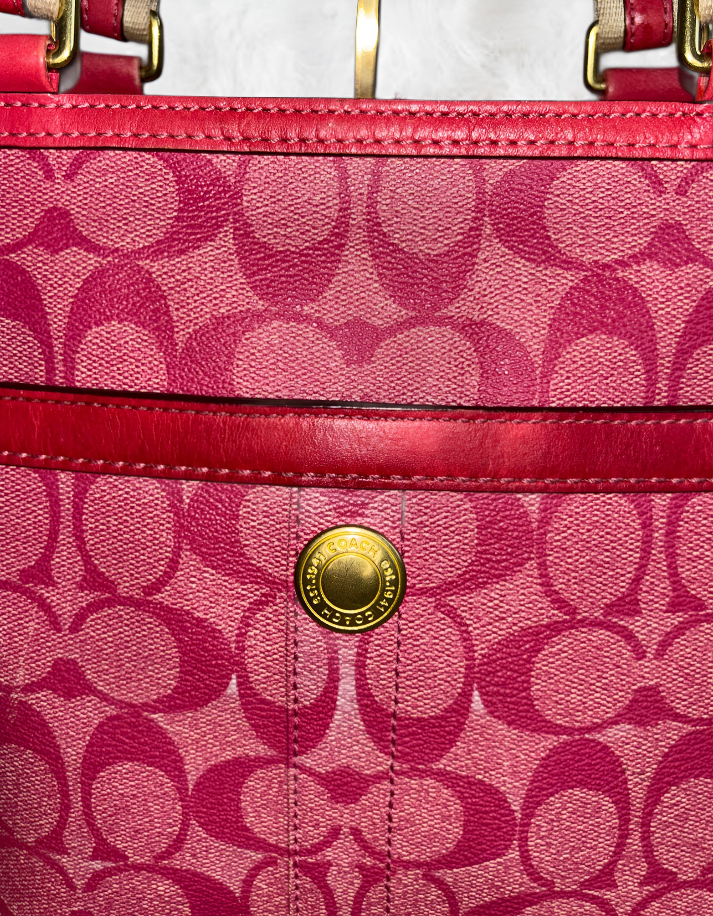 Coach Signature Heritage Stripe Hot Pink Leather Tote
