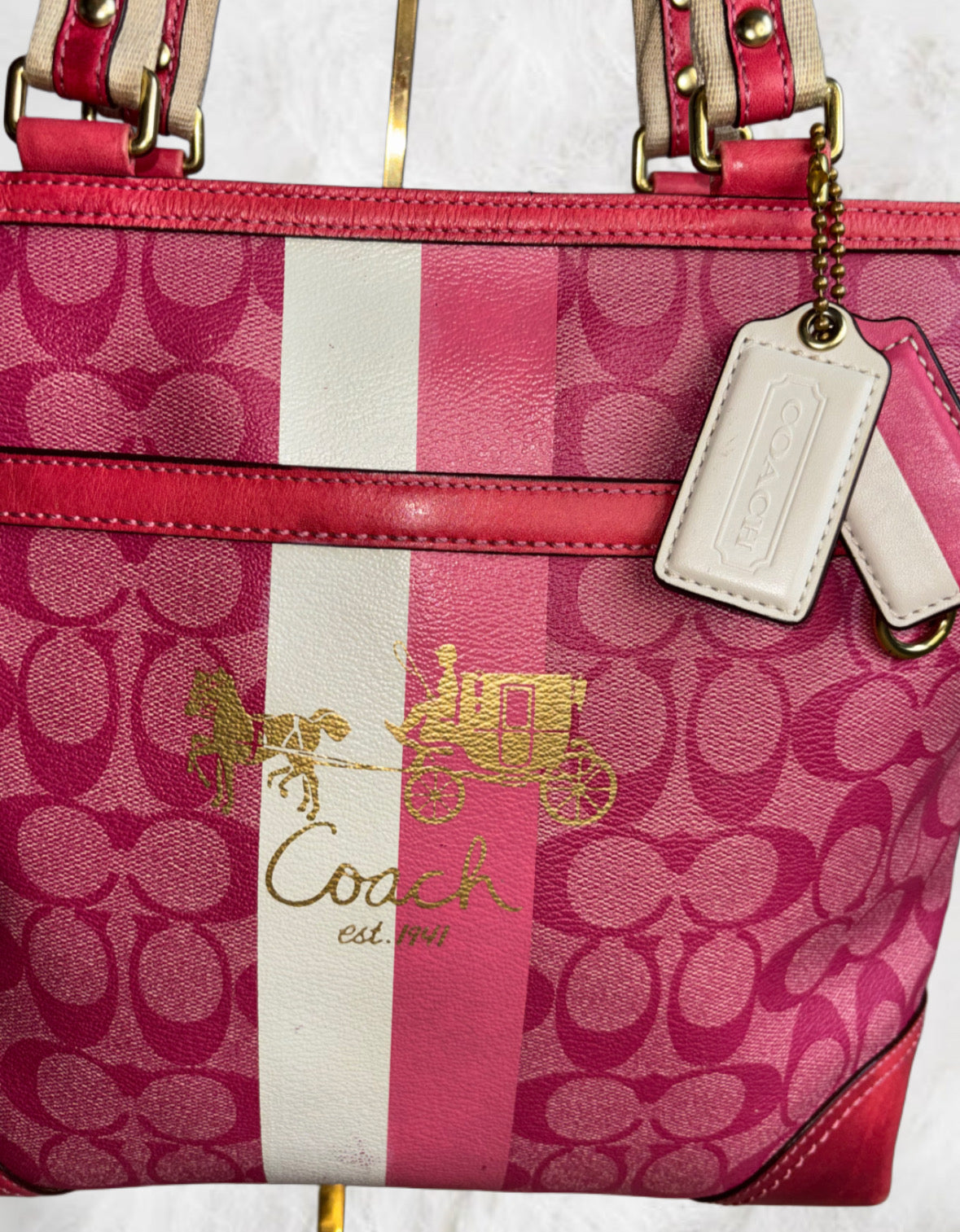 Coach Signature Heritage Stripe Hot Pink Leather Tote