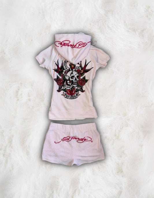 Ed Hardy Rare Blush Pink Short Sleeved 2 Piece Velour Tracksuit