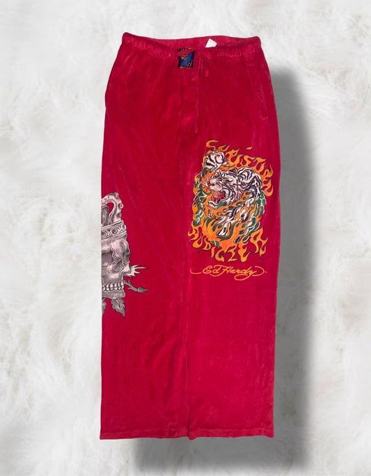 Ed Hardy Red Velour Vintage 90s Pants, Mens