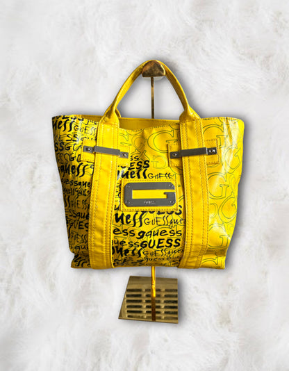 Guess Sunshine Yellow Graffiti Print Structured Tote Bag